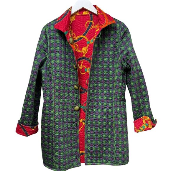 Quilted Reversible Jacket Medium Red Equestrian Plaid Print Preppy Artsy Womens - Picture 1 of 10